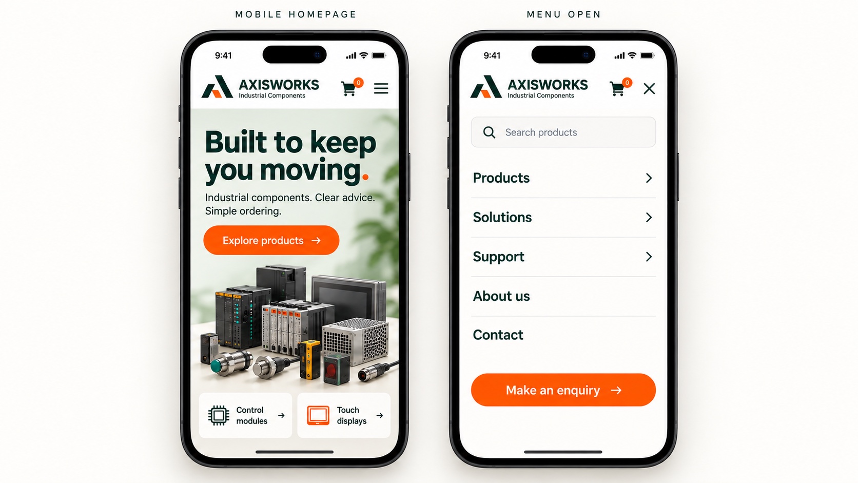 Two Axisworks mobile website screens side by side: the green and orange homepage on the left and open navigation menu with an enquiry button on the right.