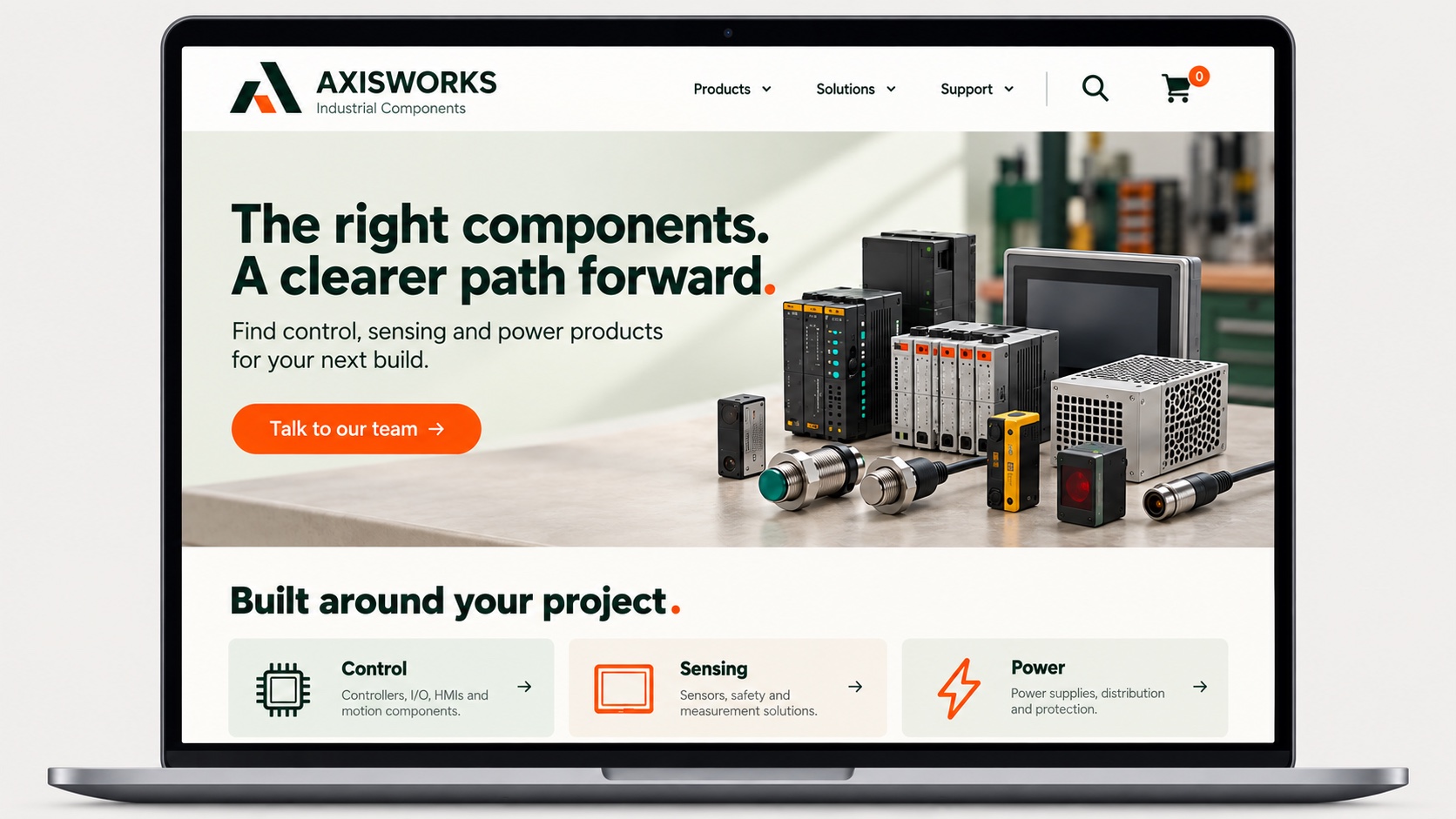 A detailed creative brief turned into an Axisworks homepage concept, with a clear audience, product focus and enquiry button.