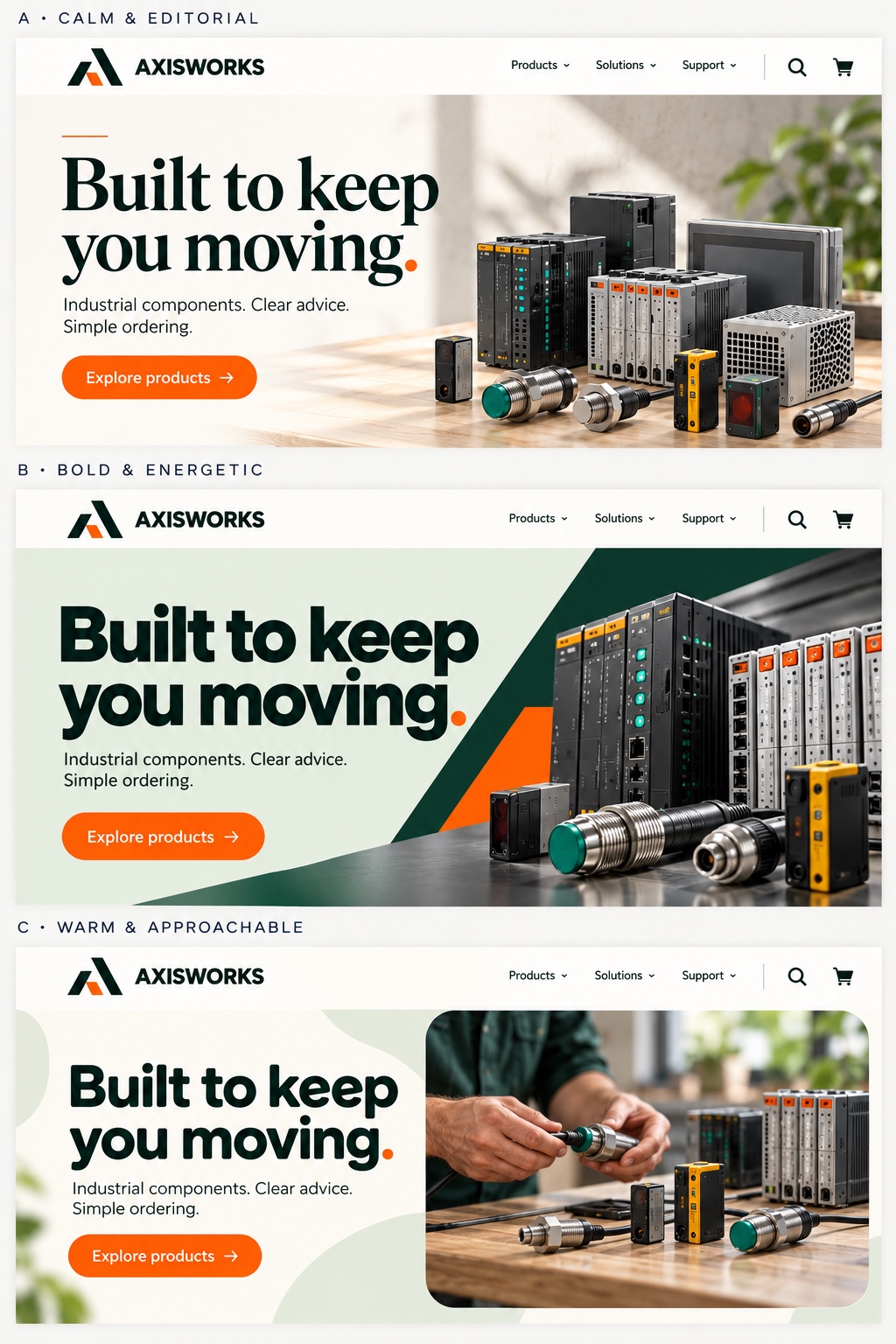 Three Axisworks design directions: calm and editorial, bold and energetic, and warm and approachable.