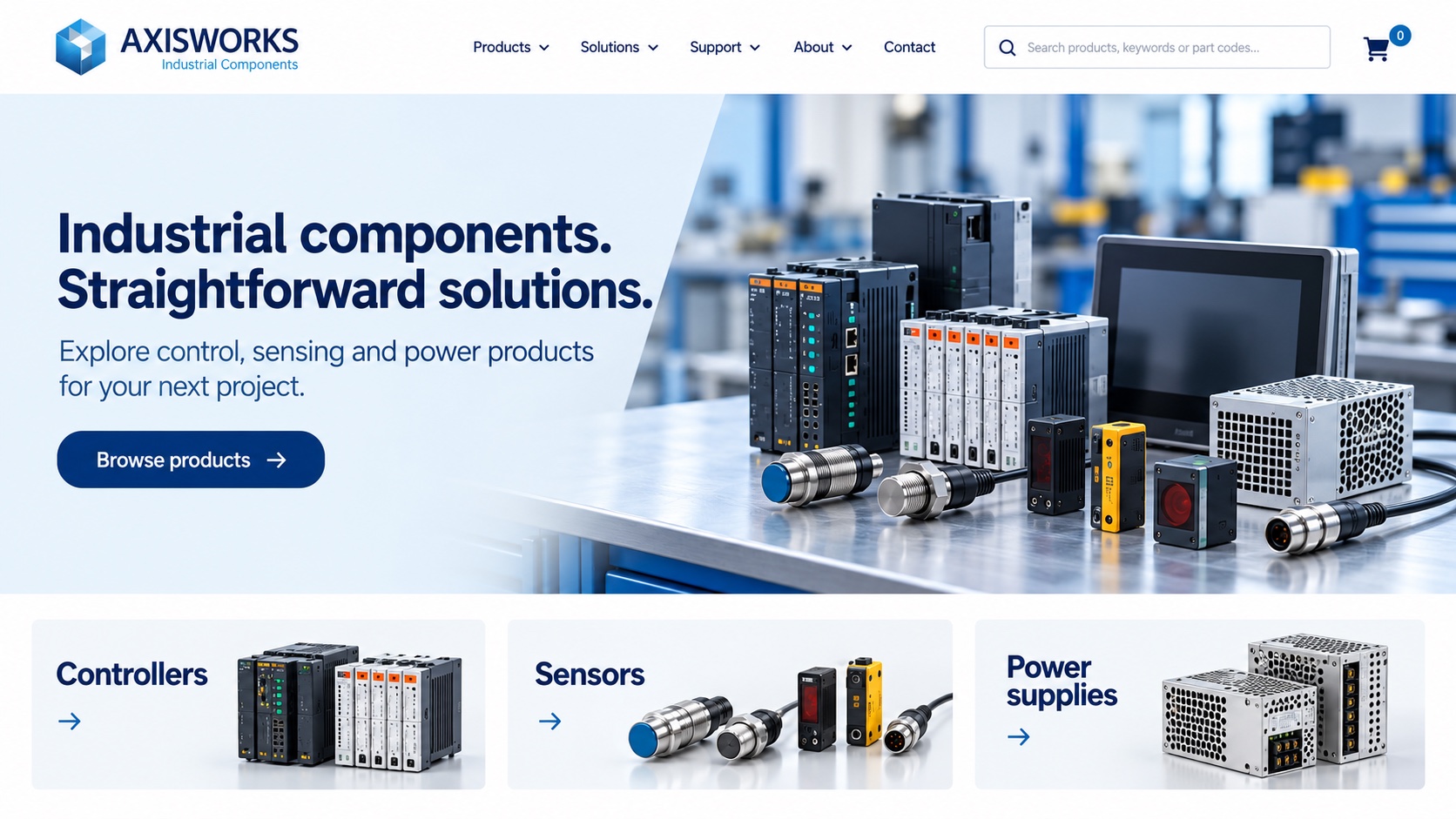 A lighter, clearer homepage that preserves the fictional original logo, business name and navy blue branding.
