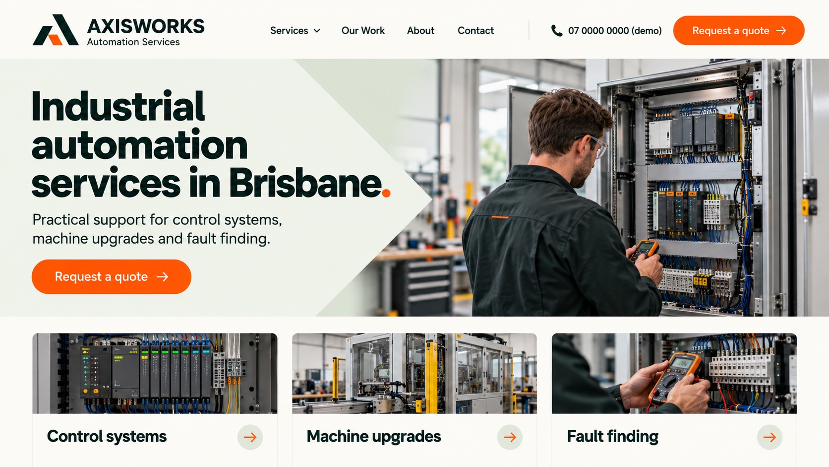 A fictional Brisbane service business concept with a clear location, quote button, demo phone number and three service cards.