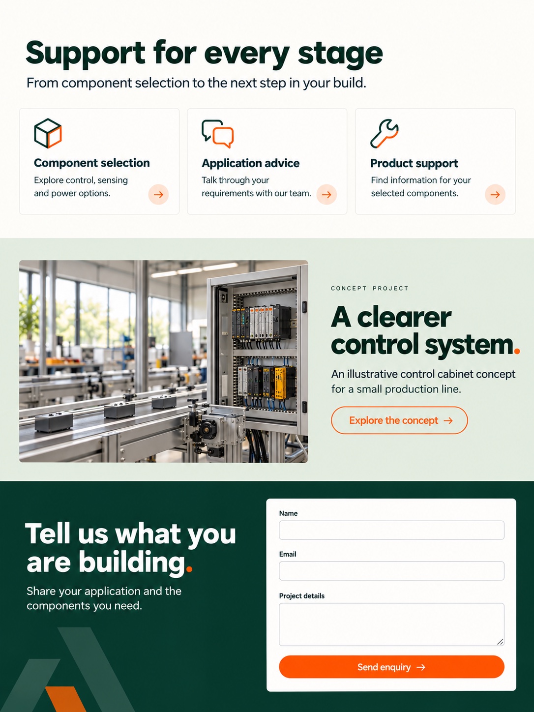Below-the-hero sections matching the selected concept: services, an illustrative project and a simple enquiry form.
