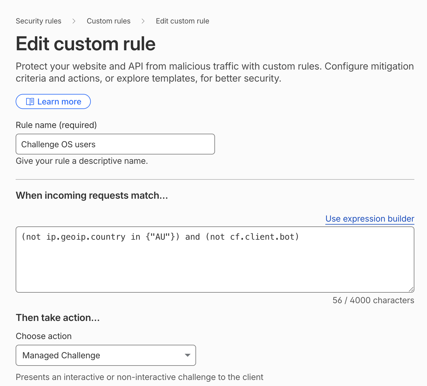 Cloudflare custom rule showing a Managed Challenge for non-Australian traffic while excluding verified bots.